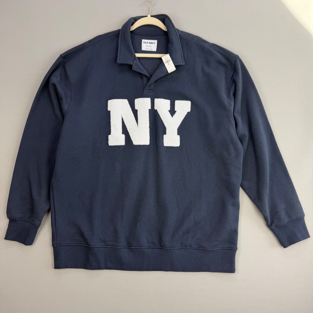 NWT Old Navy Rotation Fleece Graphic Polo NY Patch Dusk Navy XXL Tall 2XLT